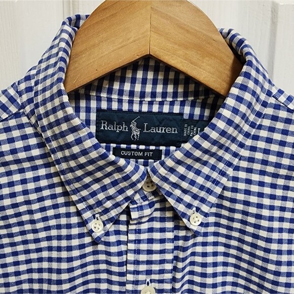 Ralph Lauren Shirt Mens Large Blue Gingham Check Cotton Button Tan Pony Preppy - Picture 3 of 11